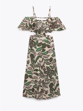 Zara Floral Linen Blend Cutout Midi Dress Tropical Coastal Resort Wedding Guest